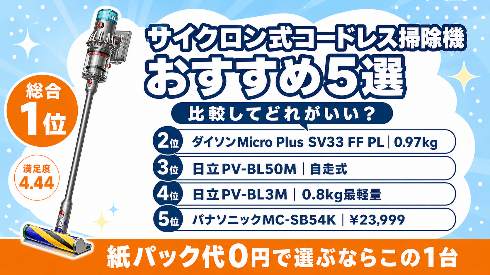 サイクロン式コードレス掃除機おすすめ5選アイキャッチ