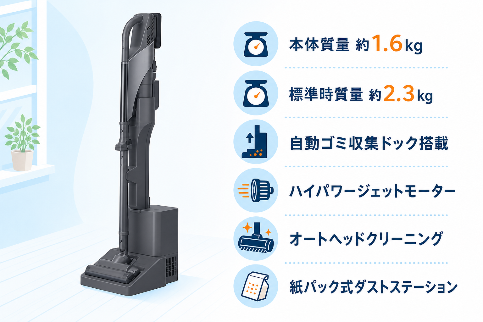 東芝VC-CLZ74DSの機能ハイライト（本体質量・自動ゴミ収集ドック・ハイパワージェットモーター・オートヘッドクリーニング・紙パック式ダストステーション）