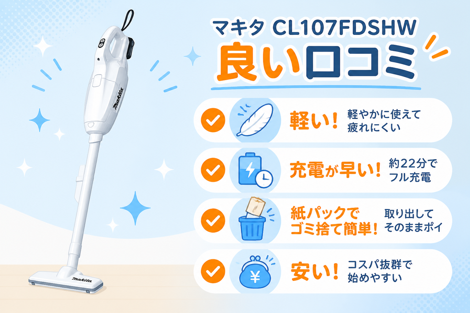 マキタCL107FDSHWの良い口コミ傾向（軽い・充電22分・紙パックでゴミ捨て簡単・安い）