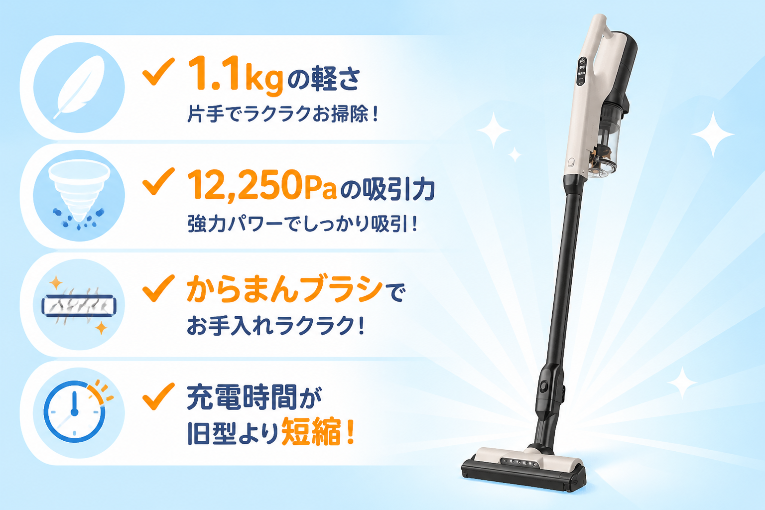 日立PV-BL3Mの良い口コミ傾向（1.1kgの軽さ・吸引力・からまんブラシでお手入れ楽・充電時間短縮）