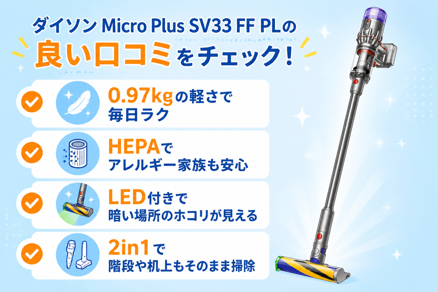 ダイソンMicro Plus SV33 FF PLの良い口コミ（0.97kgの軽さで毎日ラク・HEPAでアレルギー家族も安心・LED付きで暗い場所のホコリが見える・2in1で階段や机上もそのまま掃除）をチェックリスト風に示す図解