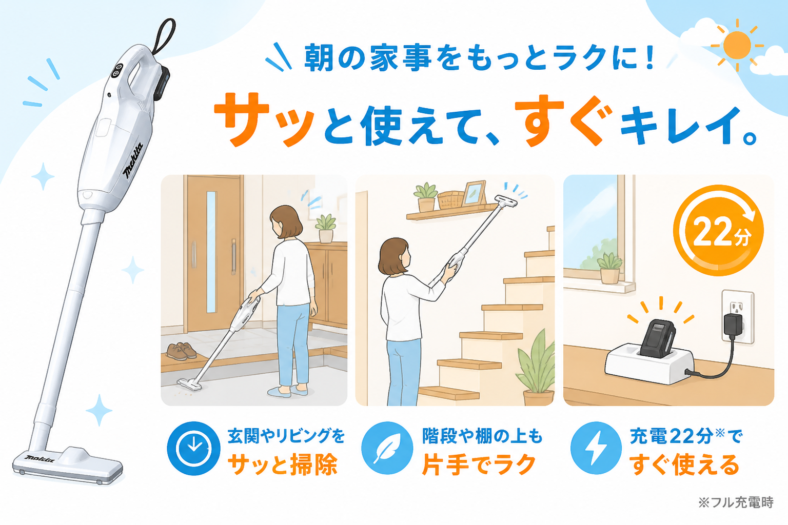 マキタCL107FDSHWのメリットを生活シーンで翻訳（玄関サッと掃除・階段や棚もラク・充電22分ですぐ使える）