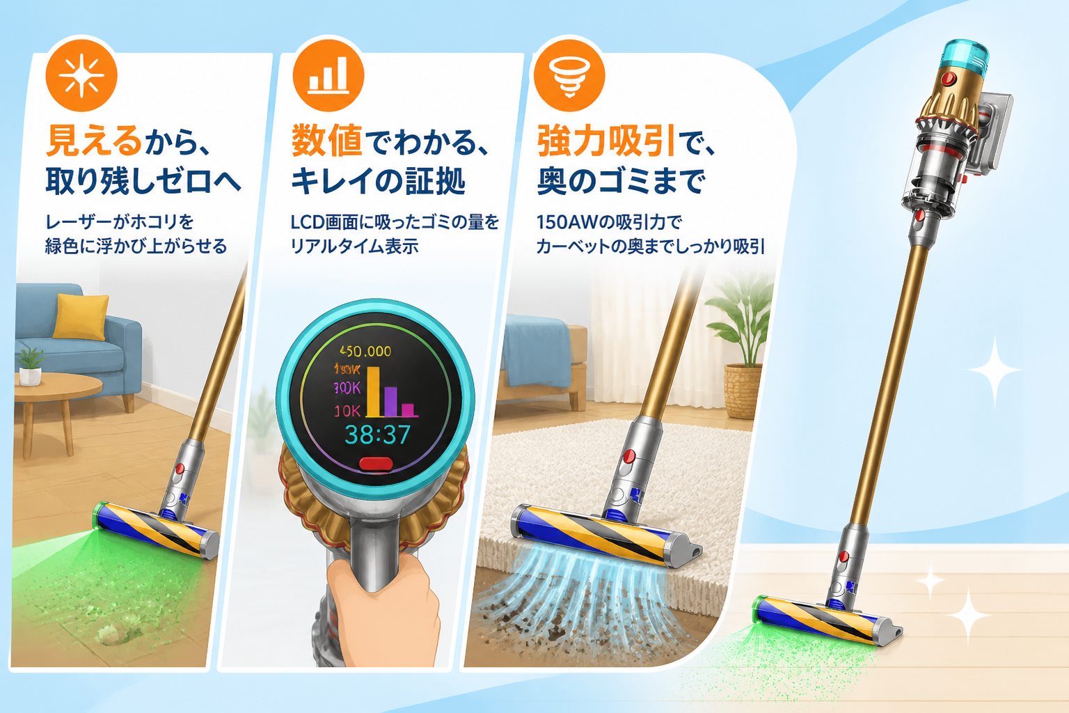 V12 Detect Slim Fluffy SV46 FFのメリットを生活シーンで翻訳する図解。レーザーで床のホコリが緑色に浮かび上がり取り残しが見える・LCD画面に吸ったゴミの量が数値で出て取れ具合が分かる・150AWの吸引力でカ...