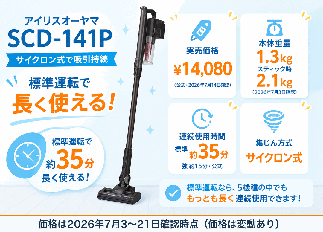 アイリスオーヤマSCD-141P サイクロン式で吸引持続