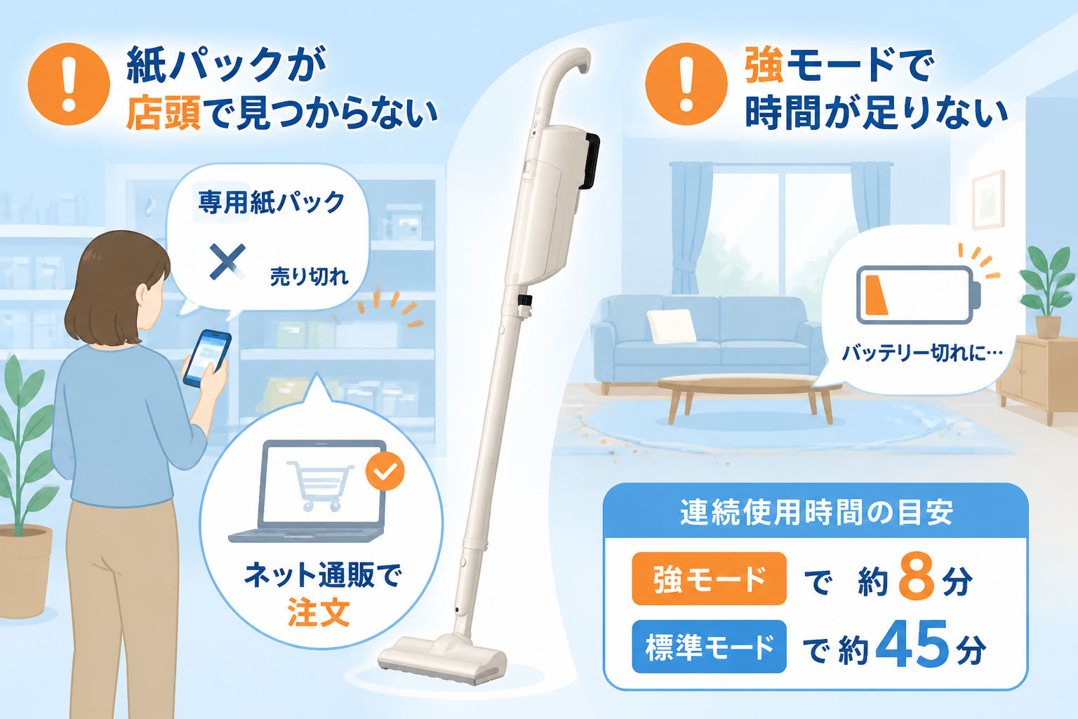 東芝VC-CLP54が苦手なシーンの図解。専用の紙パックが店頭で見つからずネット通販で注文するシーンと、広い部屋を強モードで掃除して連続時間(約8分)が足りなくなるシーンの2つを注意アイコン付きの暮らしイラストで。（強モードで約8分・...