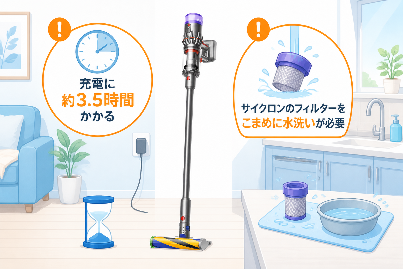 ダイソンMicro Plus SV33 FF PLが苦手なシーンの図解。充電に約3.5時間かかって待つシーンと、サイクロンのフィルターをこまめに水洗いして手入れするシーンの2つを、注意アイコン付きの暮らしイラストで。口コミパネル形式に...