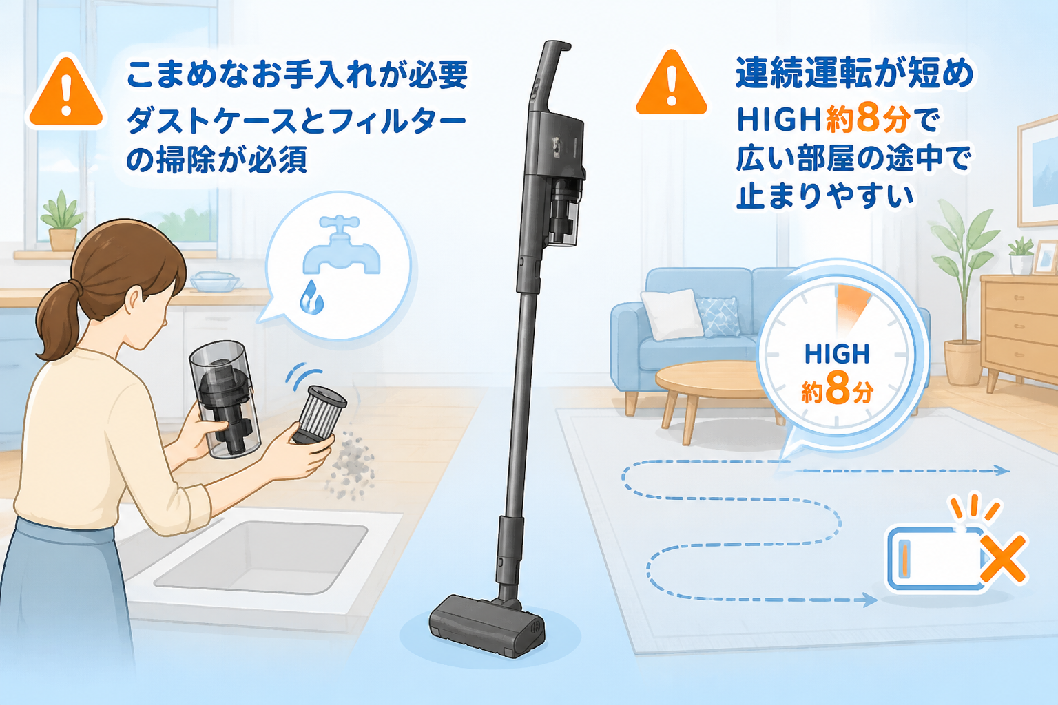 パナソニックMC-SB54Kが苦手なシーンの図解。サイクロンのダストケースとフィルターをこまめに手入れするシーンと、連続運転がHIGH約8分と短めで広い部屋の途中で止まりやすいことを示すシーンの2つを、注意アイコン付きの暮らしイラスト...