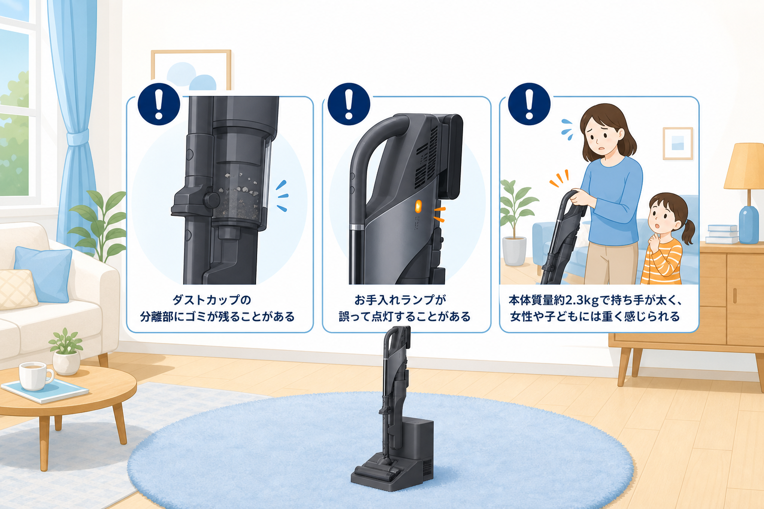 東芝VC-CLZ74DSが苦手なシーンの図解（ダストカップのゴミ残り・お手入れランプ誤点灯・重さ）