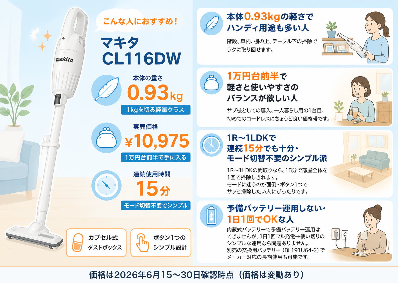 マキタCL116DWがおすすめな人 生活シーン｜日立PV-BL3MとマキタCL116DWの違い比較