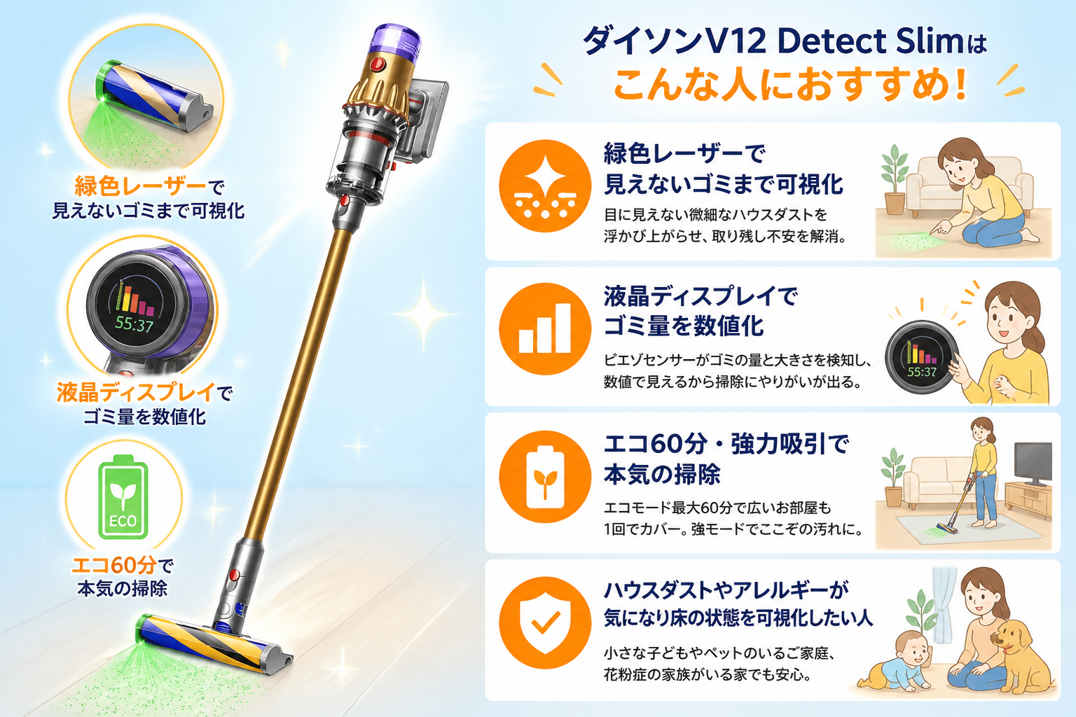 ダイソンV12がおすすめな人を生活シーン（緑色レーザーでゴミ可視化・液晶ディスプレイ・エコ60分）で表現｜東芝VC-CLP54とダイソンV12の違い比較