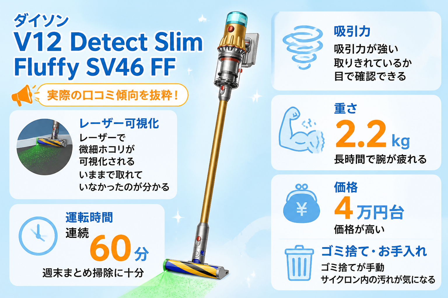 V12の口コミ傾向（吸引力・レーザー可視化・重さ・価格）を抜粋