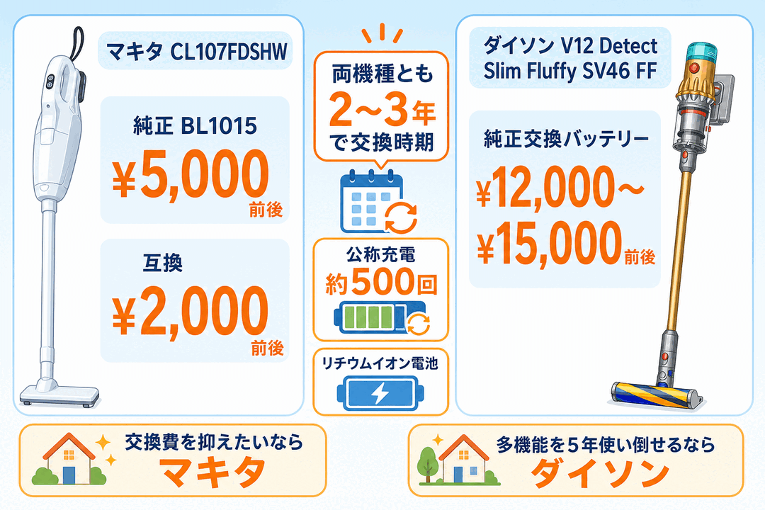 バッテリー交換費の比較|マキタCL107FDSHWは純正BL1015が5千円前後・互換品2千円前後、ダイソンV12 Detect Slim Fluffy SV46 FFは1万2千〜1万5千円前後