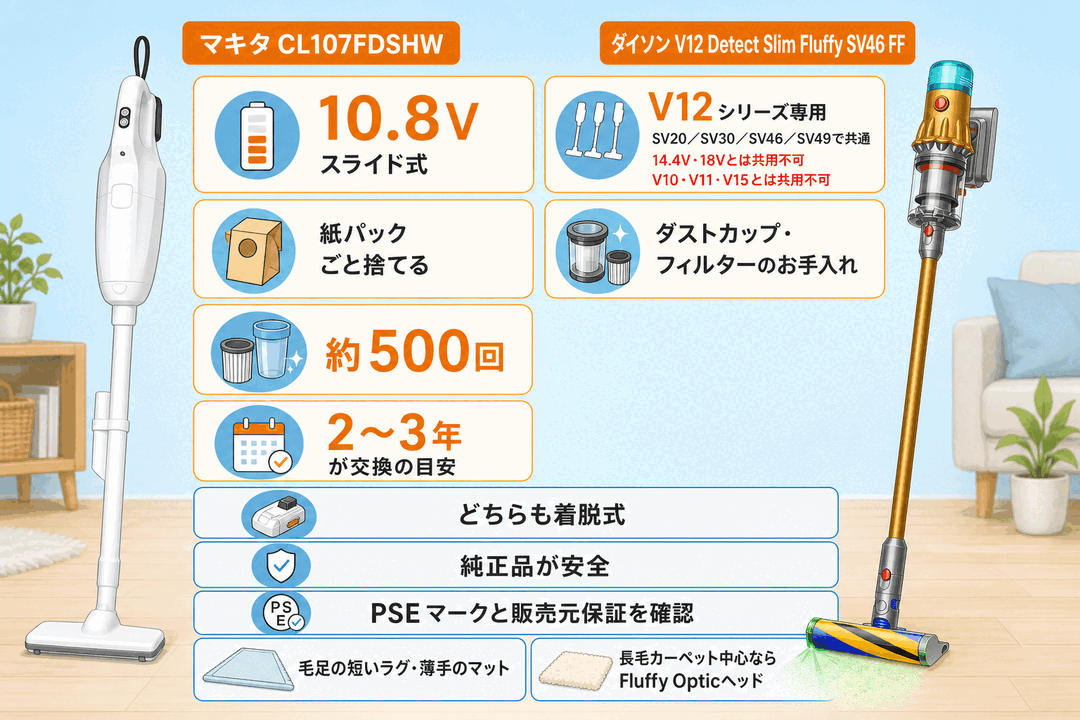 よくある質問の要点|バッテリーの共用範囲・ゴミ捨て・カーペット対応・交換の目安・互換バッテリーは純正品が安全