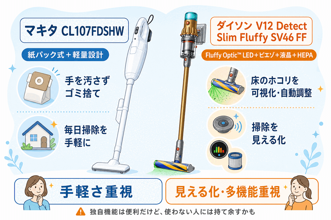 マキタの紙パック式と軽量設計、ダイソンのFluffy Optic LED・ピエゾセンサー・液晶・HEPAフィルターという独自機能の違い